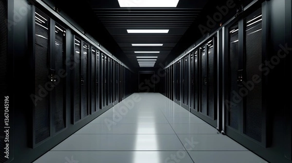 Fototapeta Dark and Modern Server Room with Rows of Electronic Equipment