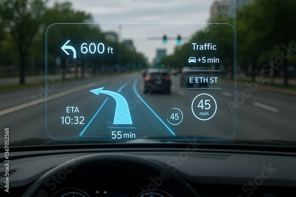 Fototapeta Futuristic augmented reality heads up display navigation interface showing driving directions traffic speed and estimated time of arrival on smart windshield in modern city environment