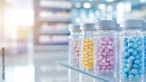 Fototapeta Colorful medication pills are displayed in clear prescription bottles