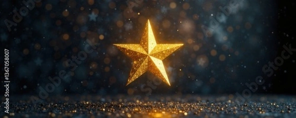 Fototapeta Shining gold star suspended in mid-air against a dark canvas background, light, sparkle, decorative