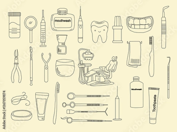 Fototapeta Dental tools. Dental care. Seamless Pattern with Dental Icons. Vector set of design templates and elements for Dental. Seamless patterns with linear icons related to Dental.