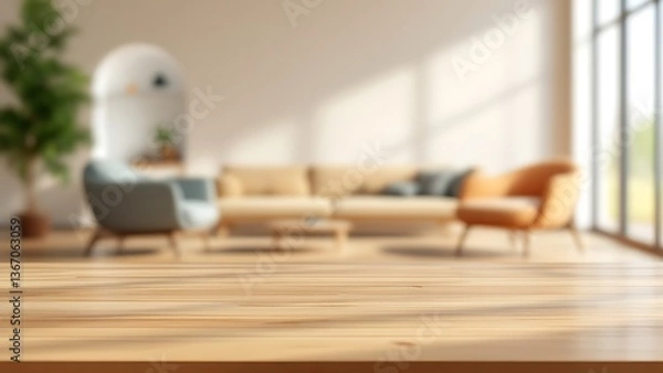Fototapeta A serene living room bathed in sunlight, showcasing a minimalist design with muted tones and comfortable seating, offering a peaceful and inviting atmosphere.