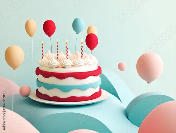 Fototapeta Colorful Birthday Cake with Balloons