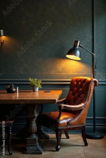 Fototapeta Dark wooden table with vintage leather chair and floor lamps , floor lamps, leather