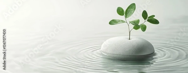 Fototapeta A small white stone with green leaves growing out of it, floating on water on a light gray background. 