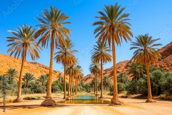 Fototapeta Palm Trees Oasis in Arid Landscape under Blue Sky Scenic Desert View with Pathway Through Water