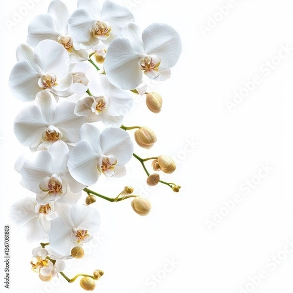 Fototapeta Elegant white orchid flowers cascade gracefully against a pristine background