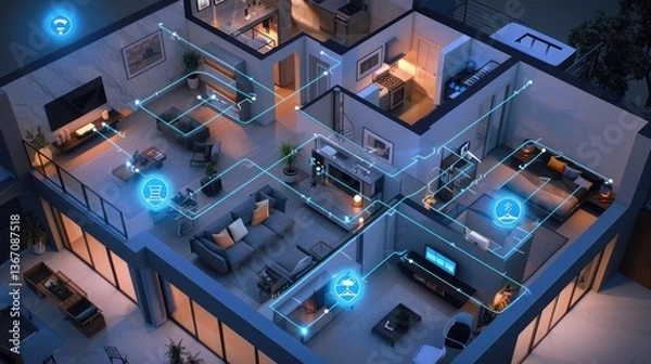 Fototapeta Modern Smart Home Layout Featuring Integrated Technology and Connectivity