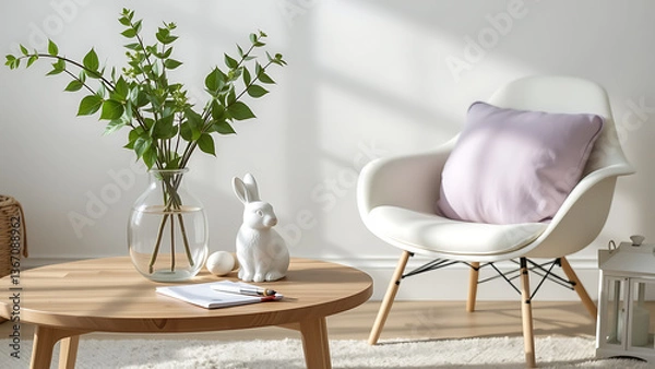 Obraz A serene spring living room interior with a minimalist wooden coffee table, a glass vase of fresh leaves, a white bunny easter statue, a chic chair with a round pillow in soft lavender