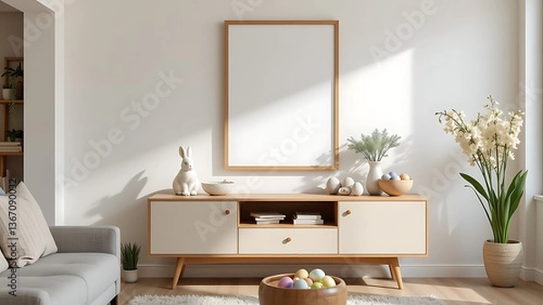 Fototapeta A charming Easter themed living room showcasing a mock up poster frame as the focal point, complemented by a modern sideboard adorned with seasonal decor such as an Easter bunny figurine