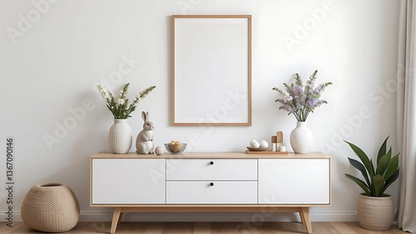 Fototapeta A stylish Easter living room composition with a mock up poster frame hanging above a minimalist sideboard, decorated with festive elements like an Easter bunny figurine, fresh hyacinths in a vase