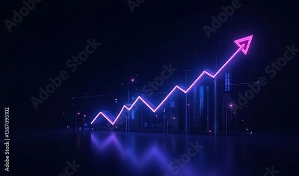 Fototapeta Glowing upward neon arrow graph powerfully ascends over futuristic city reflecting vibrant purple light. AI Generated