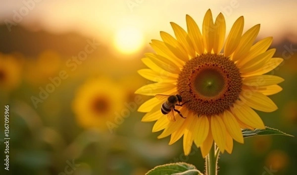 Fototapeta Golden hour sunlight bathes a vibrant sunflower field a busy bee delicately gathers pollen. AI Generated