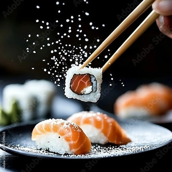 Obraz Salmon sushi piece lifted by chopsticks, sprinkled with seasoning, other sushi nearby
