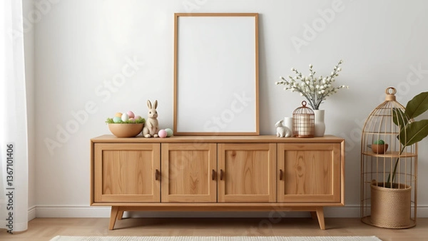 Fototapeta A cozy Easter living room interior featuring a wooden sideboard decorated with a blank mock up poster frame