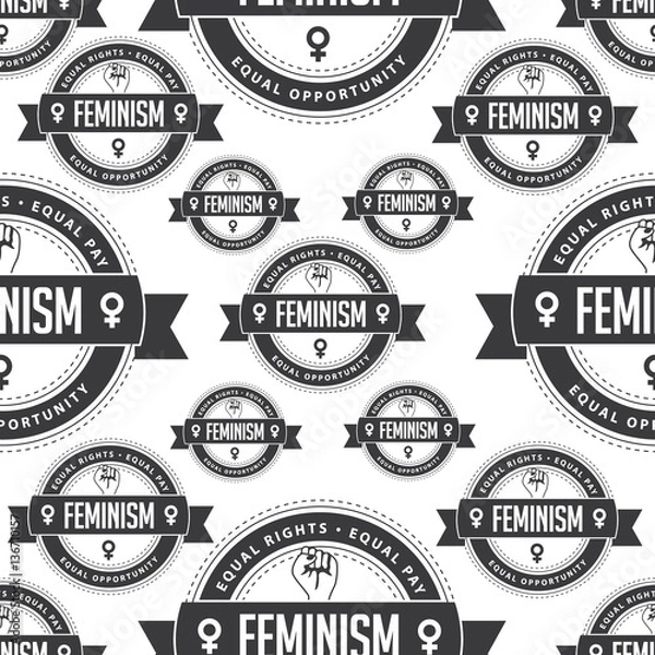 Fototapeta Raised fist icon badge of feminism in chic gray seamless pattern. Repeating pattern that declares feminism as equal rights, equal pay and equal opportunity. EPS 10 vector.