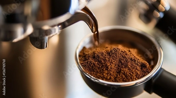 Fototapeta The rich, dark aroma of freshly ground coffee beans being expertly prepared for brewing, captured in a close-up shot with warm lighting.