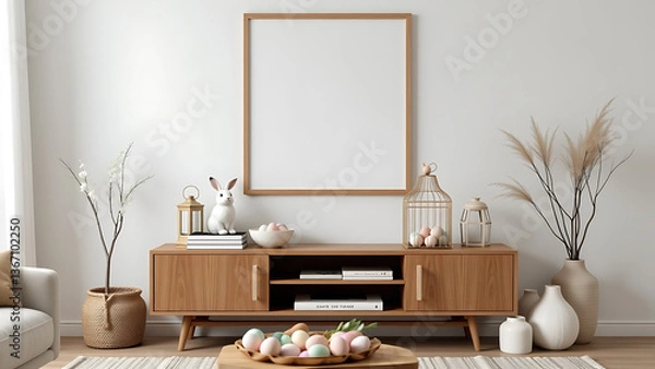 Fototapeta A serene Easter living room design featuring a mock up poster frame on the wall adding artistic flair to the decor