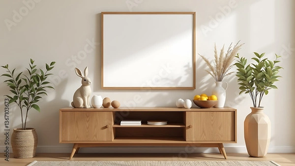 Fototapeta An inviting Easter living room setup with a mock up poster frame positioned above a wooden sideboard, decorated with a hare sculpture, an elegant bowl of lemons, a rustic pitcher, a geometric cube