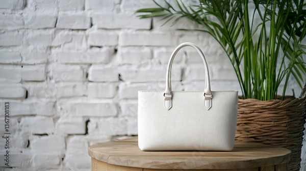 Fototapeta Mockup elegant white bag, placed on wooden table, minimalist white brick wall background. AI generated images.	