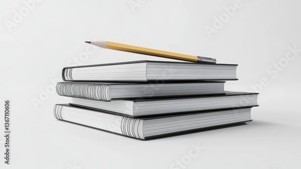 Fototapeta 3D illustration of a stack of textbooks and notebooks with a pencil on top, ultra-sharp and clear, isolated on a white background illustration