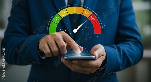 Fototapeta Customer Satisfaction Survey on Phone: Business Man Checking Feedback Gauge for Service Quality & Experience. Digital NPS Score Concept