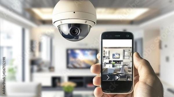 Fototapeta Modern Home Security Setup Featuring Surveillance Camera and Smartphone