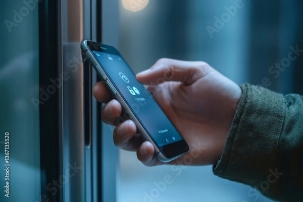 Fototapeta Hand man closely with the phone, the businessman uses the application on the smartphone to remove the door opening of the house, office