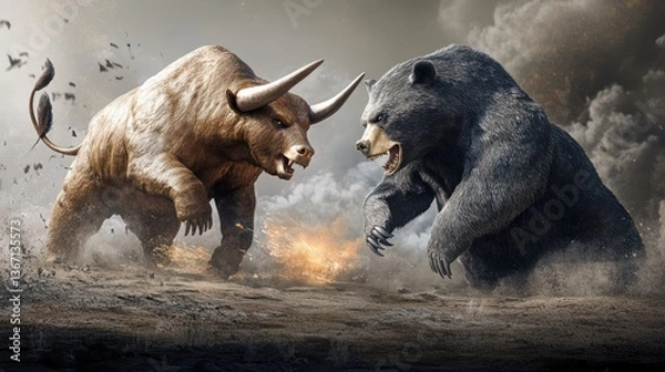 Fototapeta A giant bull and bear clashing in a stock market battle --ar 16:9 --v 6.1 Job ID: 46793ded-6c7b-490d-8ba8-ecdff0766f5c