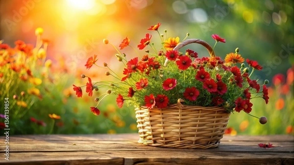 Fototapeta Vibrant red and orange wildflowers arranged in a rustic woven basket, bathed in warm sunlight on a weathered wooden surface
