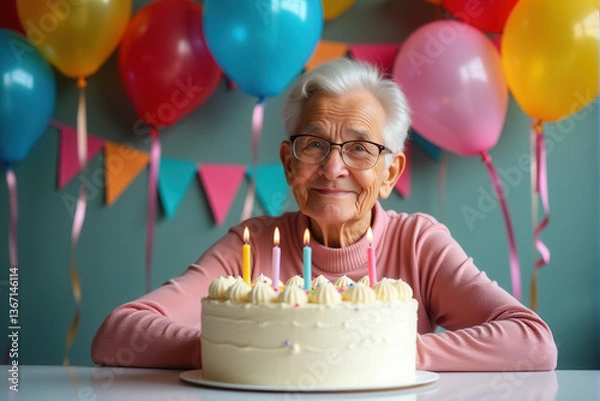 Obraz A playful birthday party scene featuring happy senior with balloons, ribbons, and a large cake decorated with candles and sprinkles