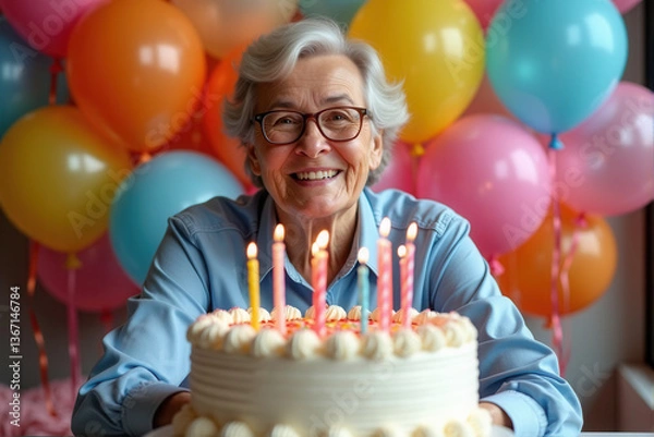 Obraz A playful birthday party scene featuring happy senior with balloons, ribbons, and a large cake decorated with candles and sprinkles
