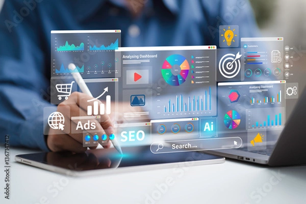 Obraz SEO Optimization, web analytics and SEO marketing social media concept. SEO Search Engine Analysis on digital marketing. Businessman using laptop with Ad dashboard for Strategy and Planing website
