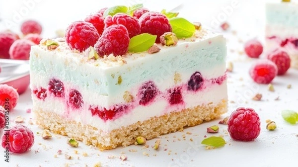 Obraz Berry Bliss: A delectable dessert features a vibrant composition of layers, adorned with luscious raspberries, pistachio nuts and mint leaves
