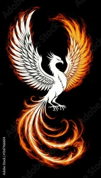 Obraz A phoenix silhouette with a fiery aura around its body on a pure black background (artistic).. Generated AI
