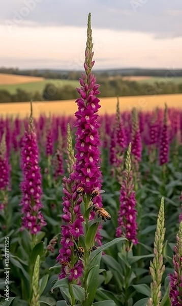 Obraz Vibrant Purple Flowers Dominate Field Landscape at Sunset Attracting Bees for Pollination Delight