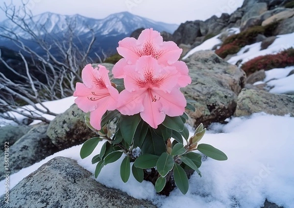 Obraz Vibrant Rhododendron Blooms Amidst the Snowy Mountain Landscape a Study in Contrasts and Resilience