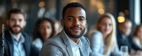 Fototapeta Multi ethnic employees involved in corporate training in boardroom, african team leader company boss business coach leading seminar activity concept. Horizontal photo banner for website header