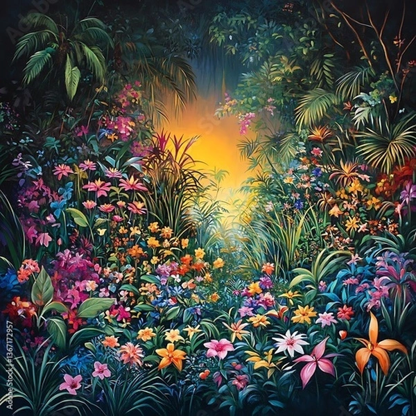 Obraz Vivid Jungle Floral Extravaganza with Tropical Sunlight Cascading Through Exotic Foliage Display