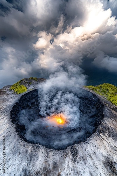 Obraz Volcanic Crater Displaying Geological Activity Under an Overcast Sky in a Natural Environment Scene