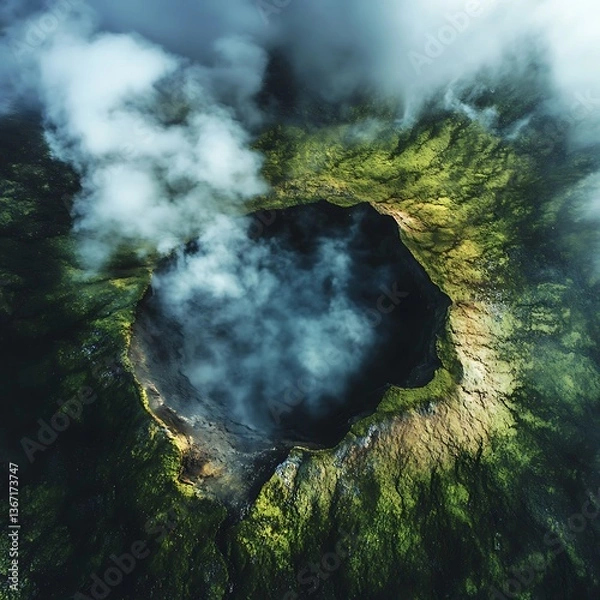 Obraz Volcanic Crater with Clouds Overhead Aerial View Geological Formation Natural Wonder Calming Scenery