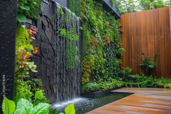 Obraz Modern gardening landscaping design details. Vertical garden indoors, living green wall with perennial plants and waterfall. Green tropical forest background. Modern open plan area with
