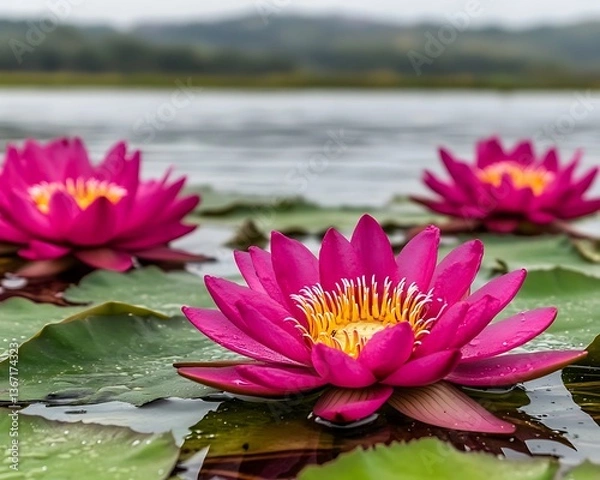Obraz Water Lilies in Full Bloom on a Tranquil Pond Serene Aquatic Beauty Waterlily Flowers Serenity