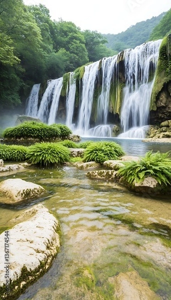 Obraz Waterfall cascading over rocks into clear stream amidst lush greenery and foliage idyllic scene
