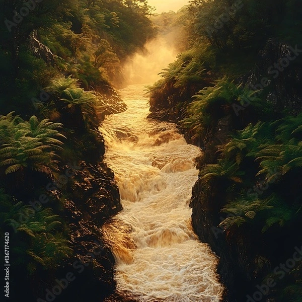 Obraz Waterfall Flowing Through Verdant Green Forest in Mountainous Terrain at Sunset Creating Ethereal Glow