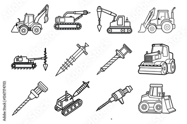 Obraz Set of horizontal directional drill machine line art vector icon illustration on white background.