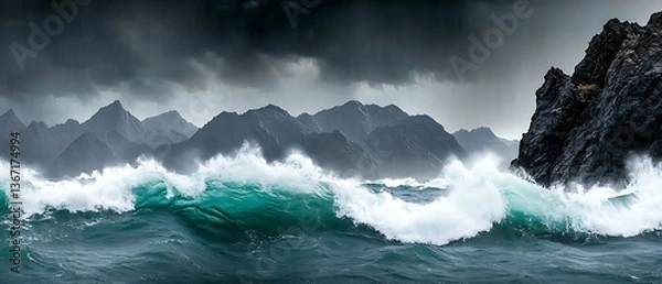 Obraz Waves Crashing Against Rocky Shoreline Under Stormy Skies with Distant Mountain Peaks Panorama