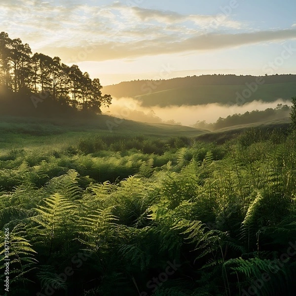 Obraz Whispers of Dawn over Fern-Covered Hills Amidst a Misty Landscape with Silhouetted Trees