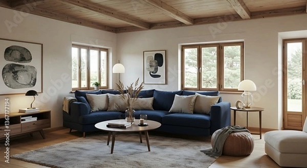 Fototapeta Scandinavian home interior design of modern living room. Stylish room with a dark blue sofa, neutral pillows, and modern decor creating a cozy and elegant atmosphere.