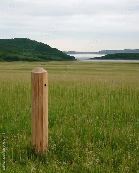 Obraz Wooden Post in Grassy Field Under Cloudy Sky Peaceful Rural Landscape Serene Environment Countryside